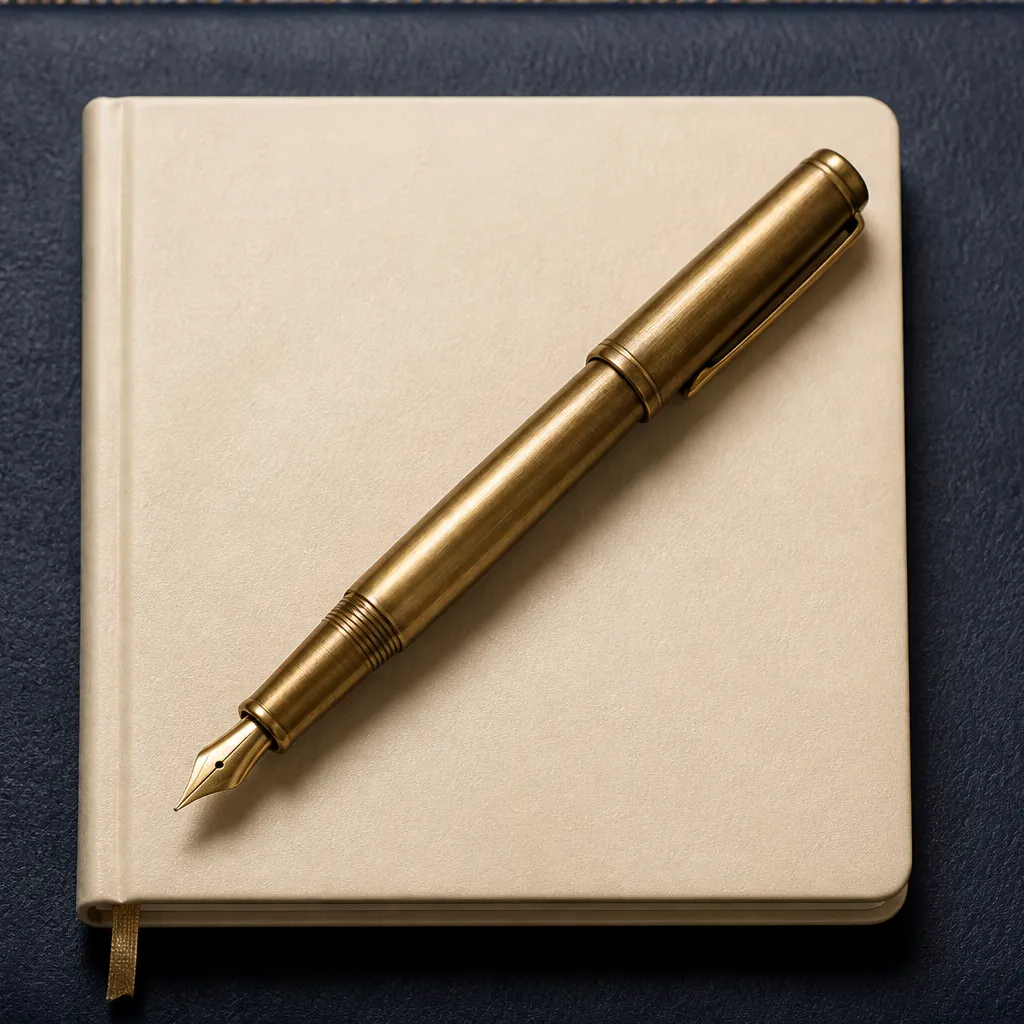 brass fountain pen on a cream notepad over navy leather